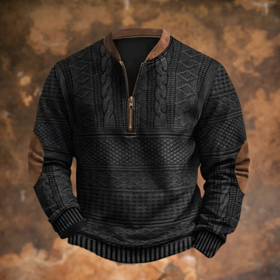 Black Men's Quarter Zip Sweater with Cable Knit Detail & Suede Elbow Patches — Bennett
