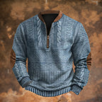 Blue Men's Quarter Zip Sweater with Cable Knit Detail & Suede Elbow Patches — Bennett