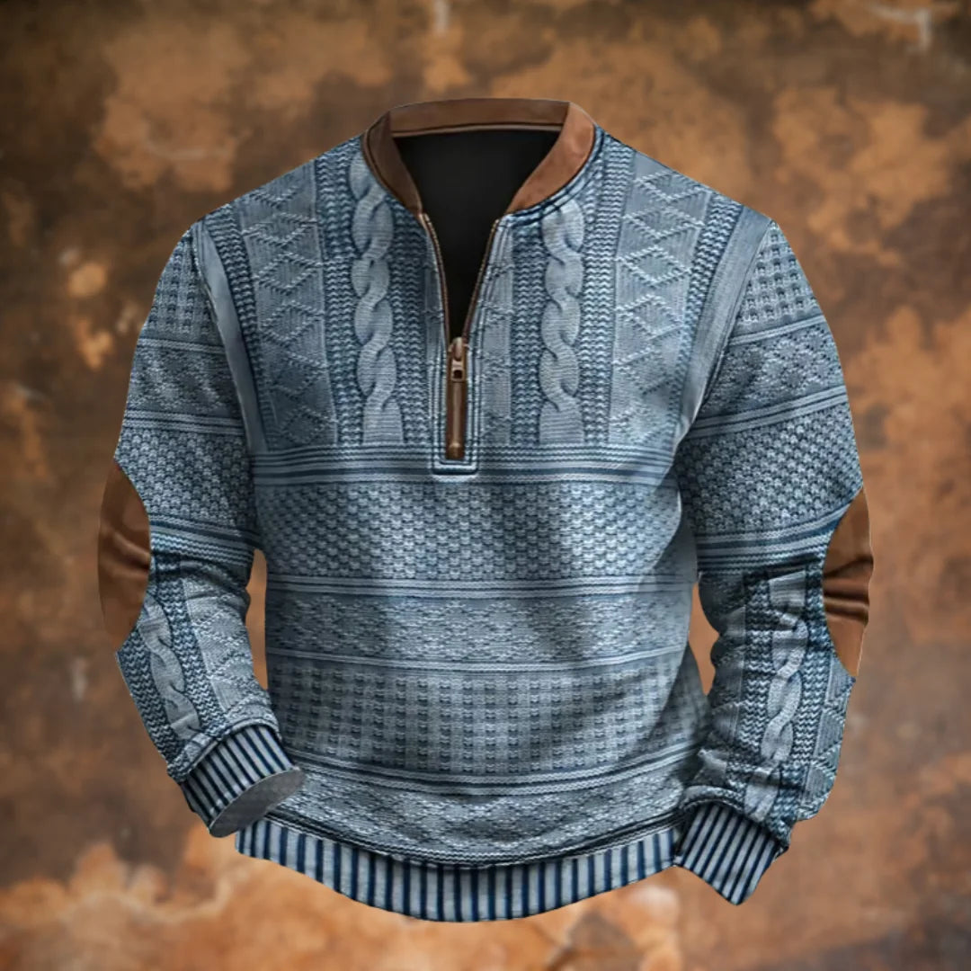 Blue Men's Quarter Zip Sweater with Cable Knit Detail & Suede Elbow Patches — Bennett