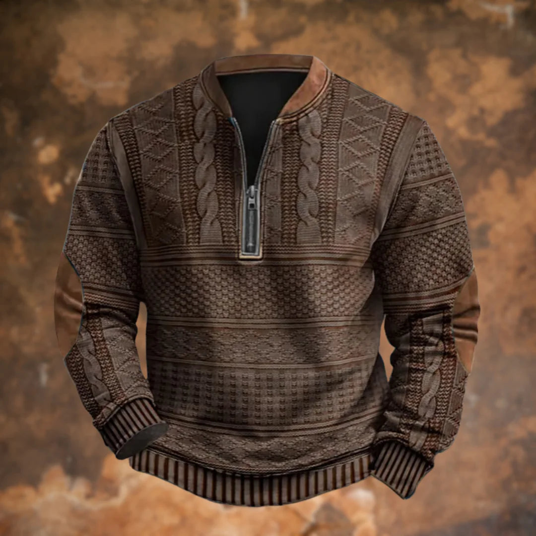 Brown Men's Quarter Zip Sweater with Cable Knit Detail & Suede Elbow Patches — Bennett