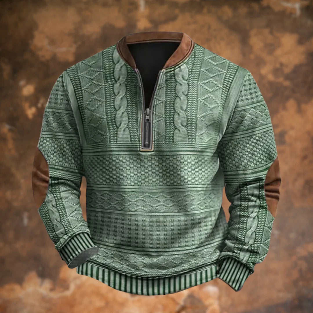 Green Men's Quarter Zip Sweater with Cable Knit Detail & Suede Elbow Patches — Bennett