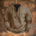 Khaki Men's Quarter Zip Sweater with Cable Knit Detail & Suede Elbow Patches — Bennett - Front Tan Tone