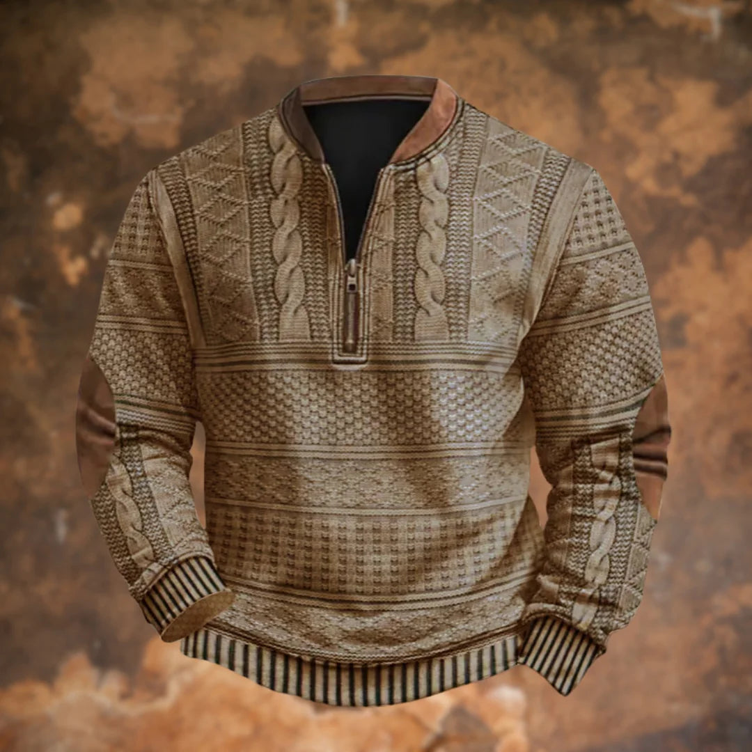 Khaki Men's Quarter Zip Sweater with Cable Knit Detail & Suede Elbow Patches — Bennett - Front Tan Tone