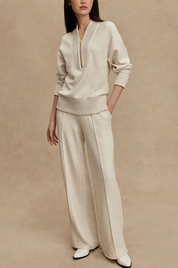 Beige Women's Quarter Zip Set with Ribbed Knit Pullover & Wide-Leg Pants