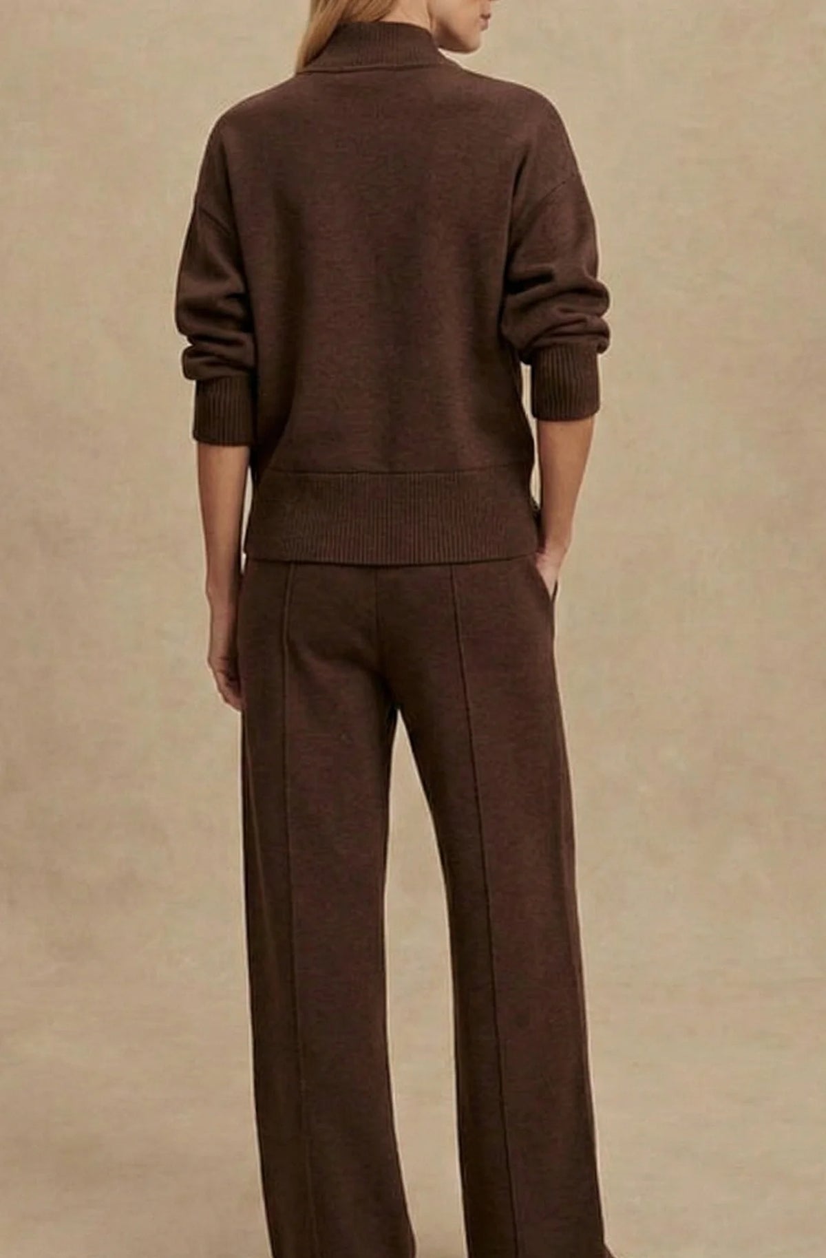 Women's Quarter Zip Set with Ribbed Knit Pullover & Wide-Leg Pants - Back Full