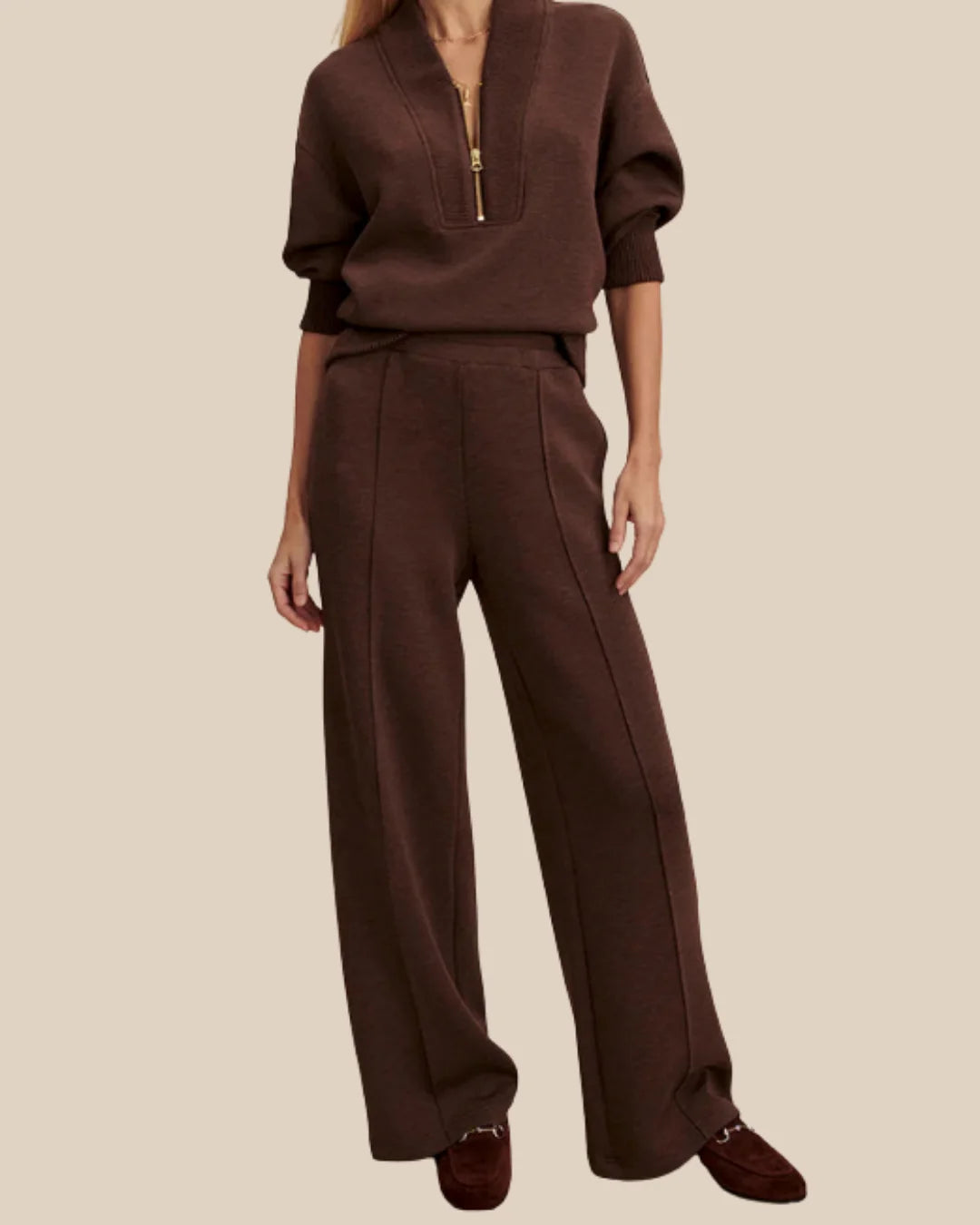 Brown Women's Quarter Zip Set with Ribbed Knit Pullover & Wide-Leg Pants - Front Full