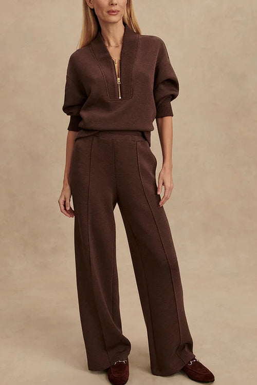 Women's Quarter Zip Set with Ribbed Knit Pullover & Wide-Leg Pants
