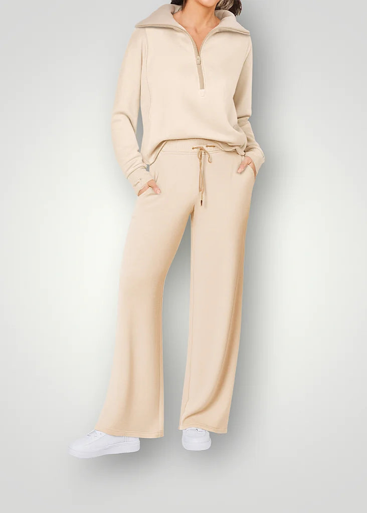 Beige Women's Lounge Set with Quarter-Zip Top & Wide-Leg Pants