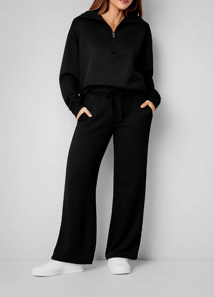 Black Women's Lounge Set with Quarter-Zip Top & Wide-Leg Pants