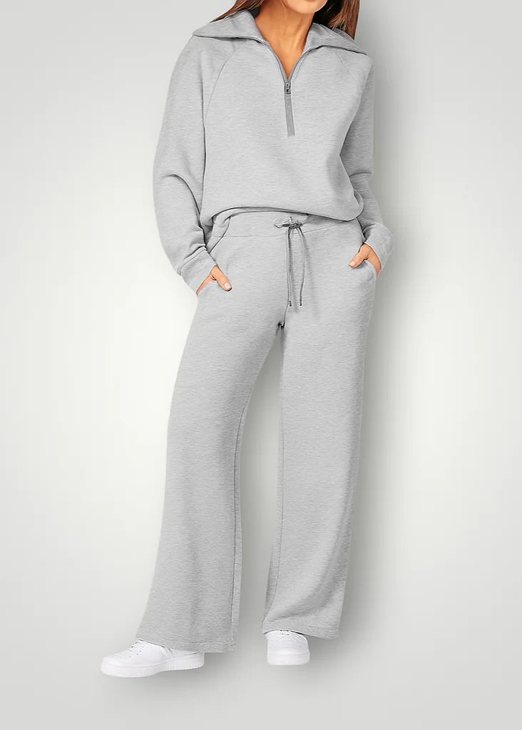 Grey Women's Lounge Set with Quarter-Zip Top & Wide-Leg Pants - Front Pose