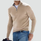 Beige Men's Quarter Zip Sweater with Ribbed Cotton Knit Collar