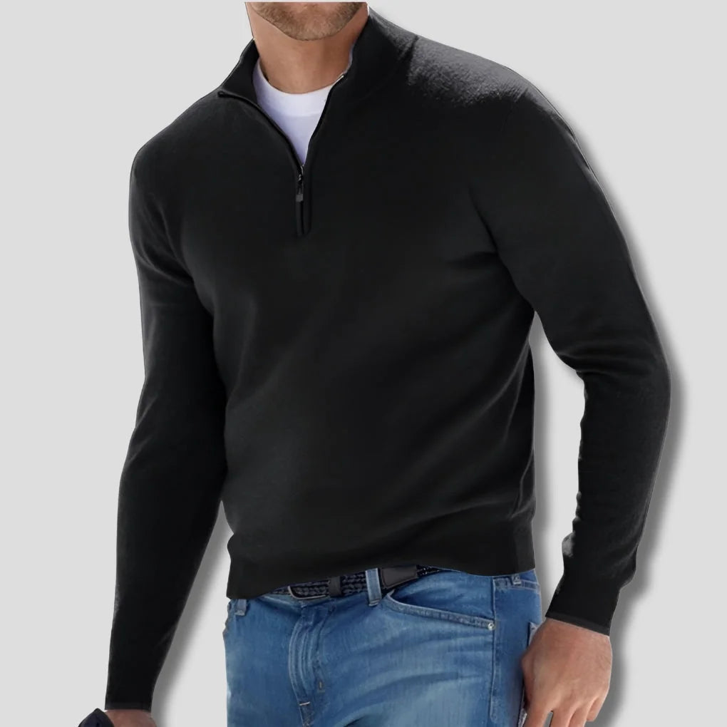 Black Men's Quarter Zip Sweater with Ribbed Cotton Knit Collar