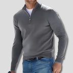 Grey Men's Quarter Zip Sweater with Ribbed Cotton Knit Collar