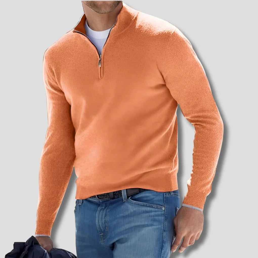 Orange Men's Quarter Zip Sweater with Ribbed Cotton Knit Collar