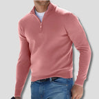 Pink Men's Quarter Zip Sweater with Ribbed Cotton Knit Collar — Emmett