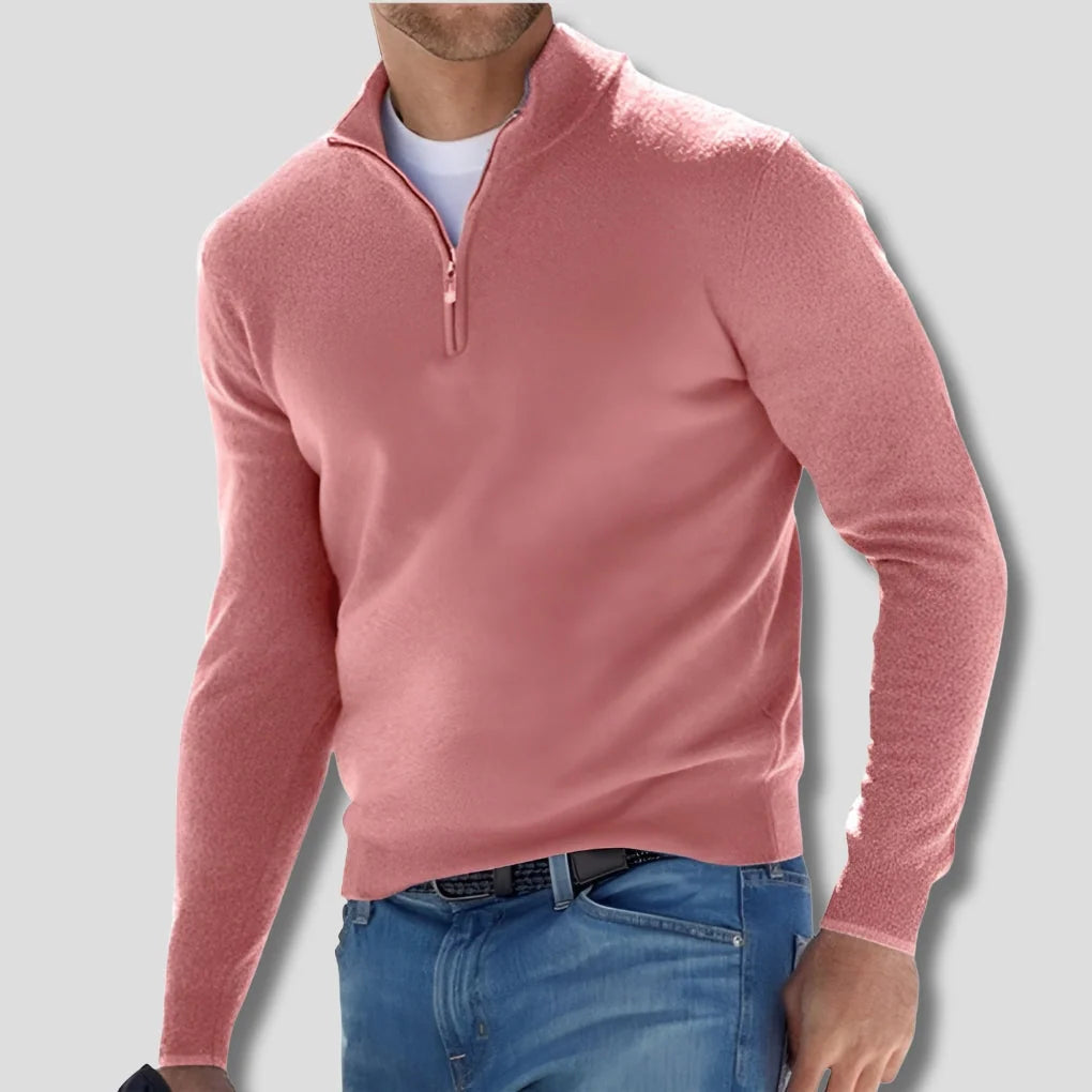 Pink Men's Quarter Zip Sweater with Ribbed Cotton Knit Collar — Emmett