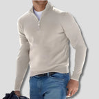 White Men's Quarter Zip Sweater with Ribbed Cotton Knit Collar