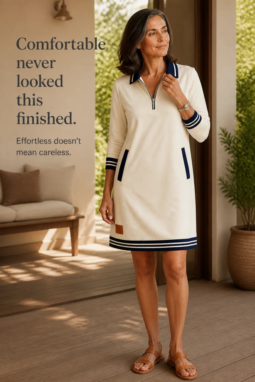 Women's Quarter Zip Sweatshirt Dress with Collared Placket & Patch Pockets - Lifestyle Text Overlay 3