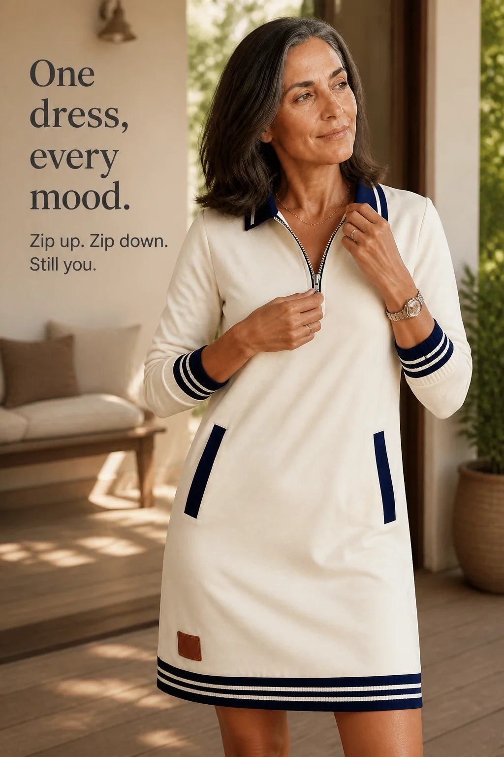 Women's Quarter Zip Sweatshirt Dress with Collared Placket & Patch Pockets - Lifestyle Text Overlay 2