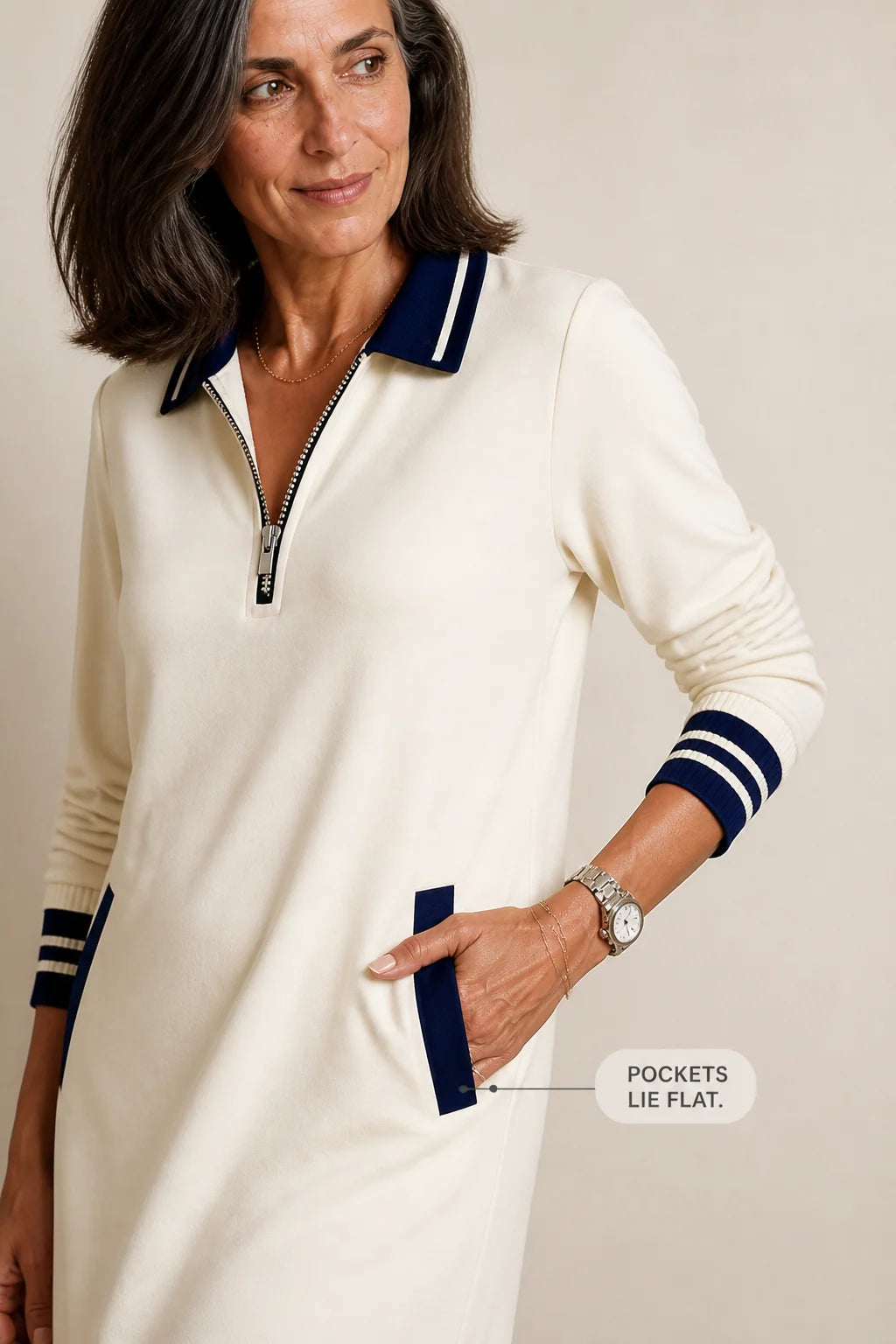 Women's Quarter Zip Sweatshirt Dress with Collared Placket & Patch Pockets - Pocket Detail