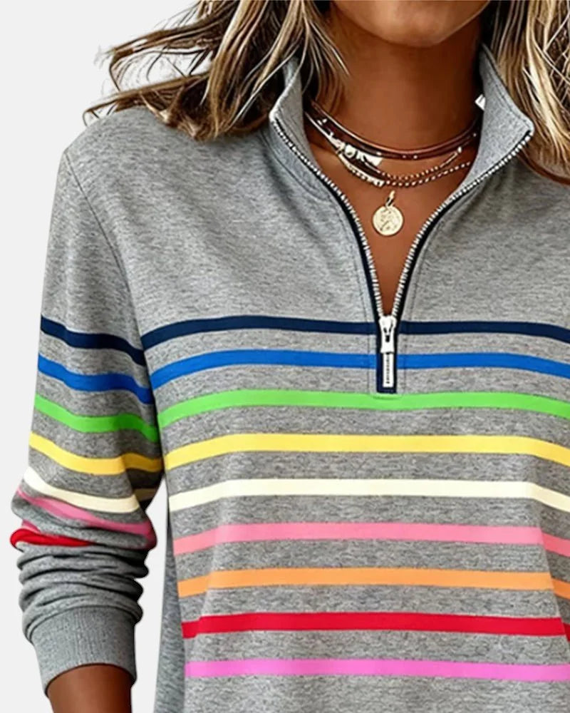 Women's Striped Quarter Zip Sweatshirt with Zip-Up Collar & Relaxed Fit - Close Up Neckline