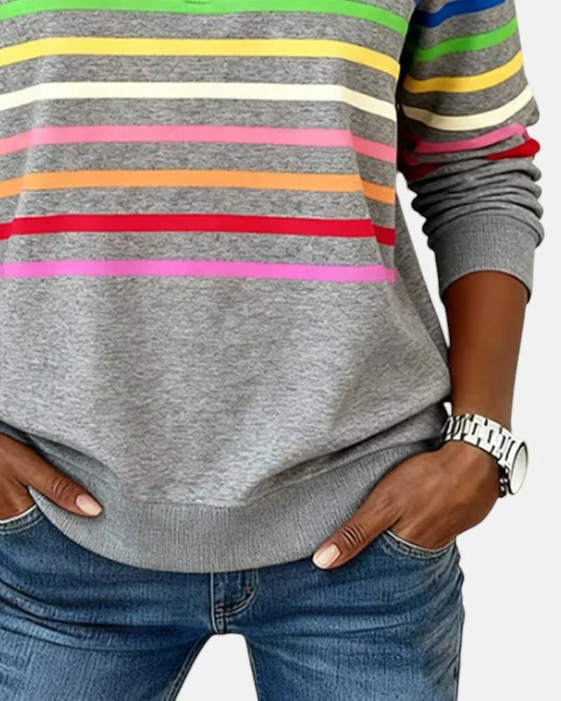 Women's Striped Quarter Zip Sweatshirt with Zip-Up Collar & Relaxed Fit - Close Up Torso