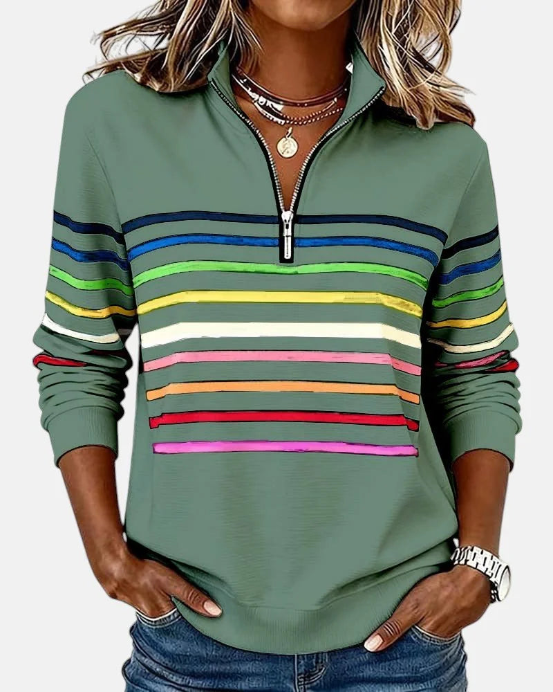 Green Women's Striped Quarter Zip Sweatshirt with Zip-Up Collar & Relaxed Fit