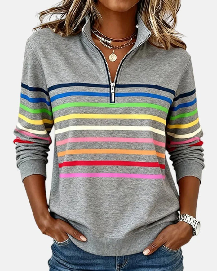 Grey Women's Striped Quarter Zip Sweatshirt with Zip-Up Collar & Relaxed Fit