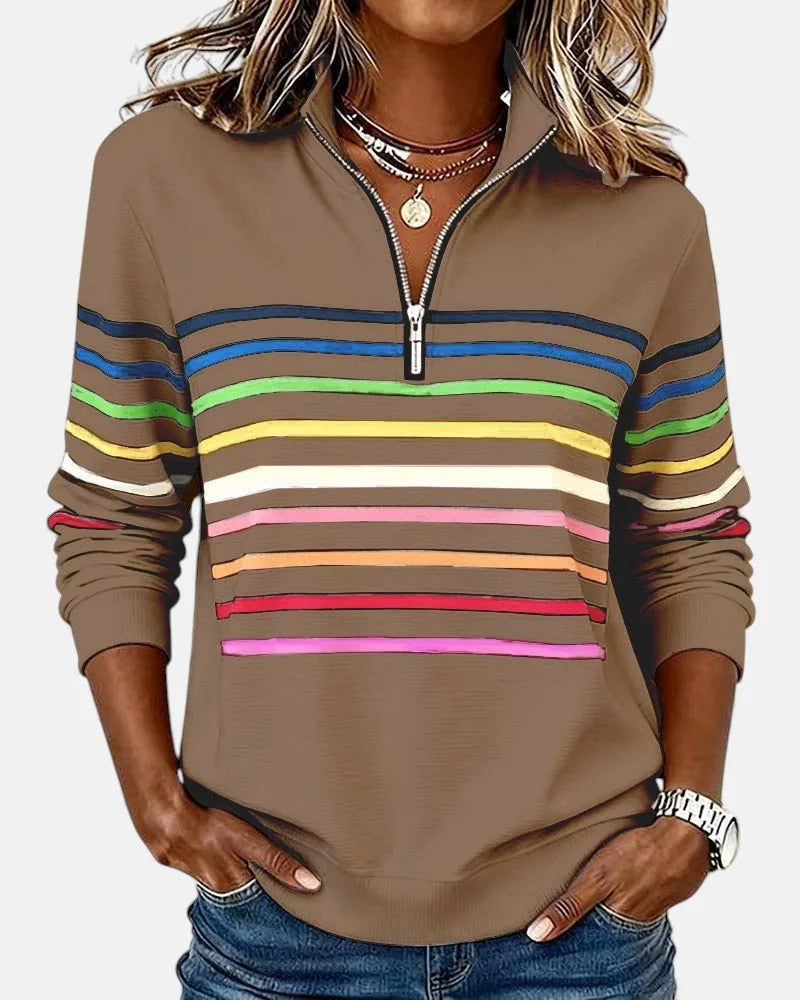 Khaki Women's Striped Quarter Zip Sweatshirt with Zip-Up Collar & Relaxed Fit