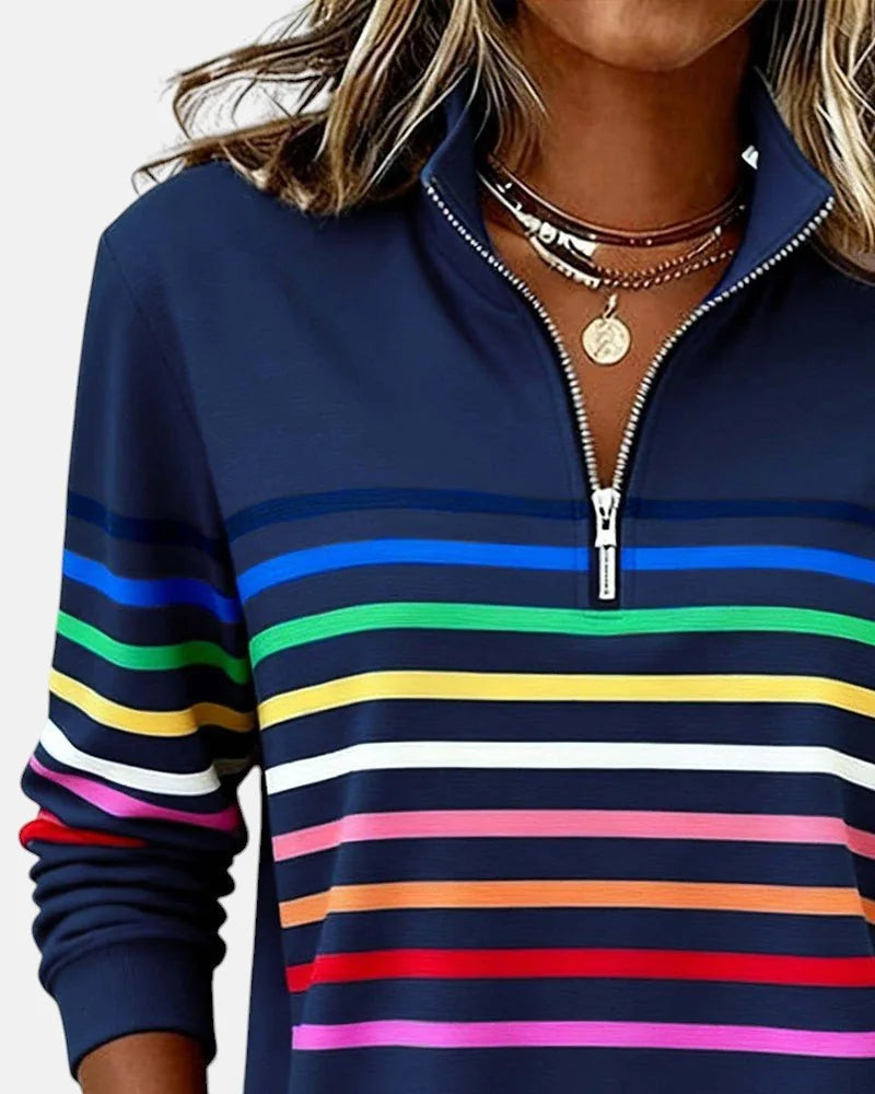 Women's Striped Quarter Zip Sweatshirt with Zip-Up Collar & Relaxed Fit - Close Up Zipper