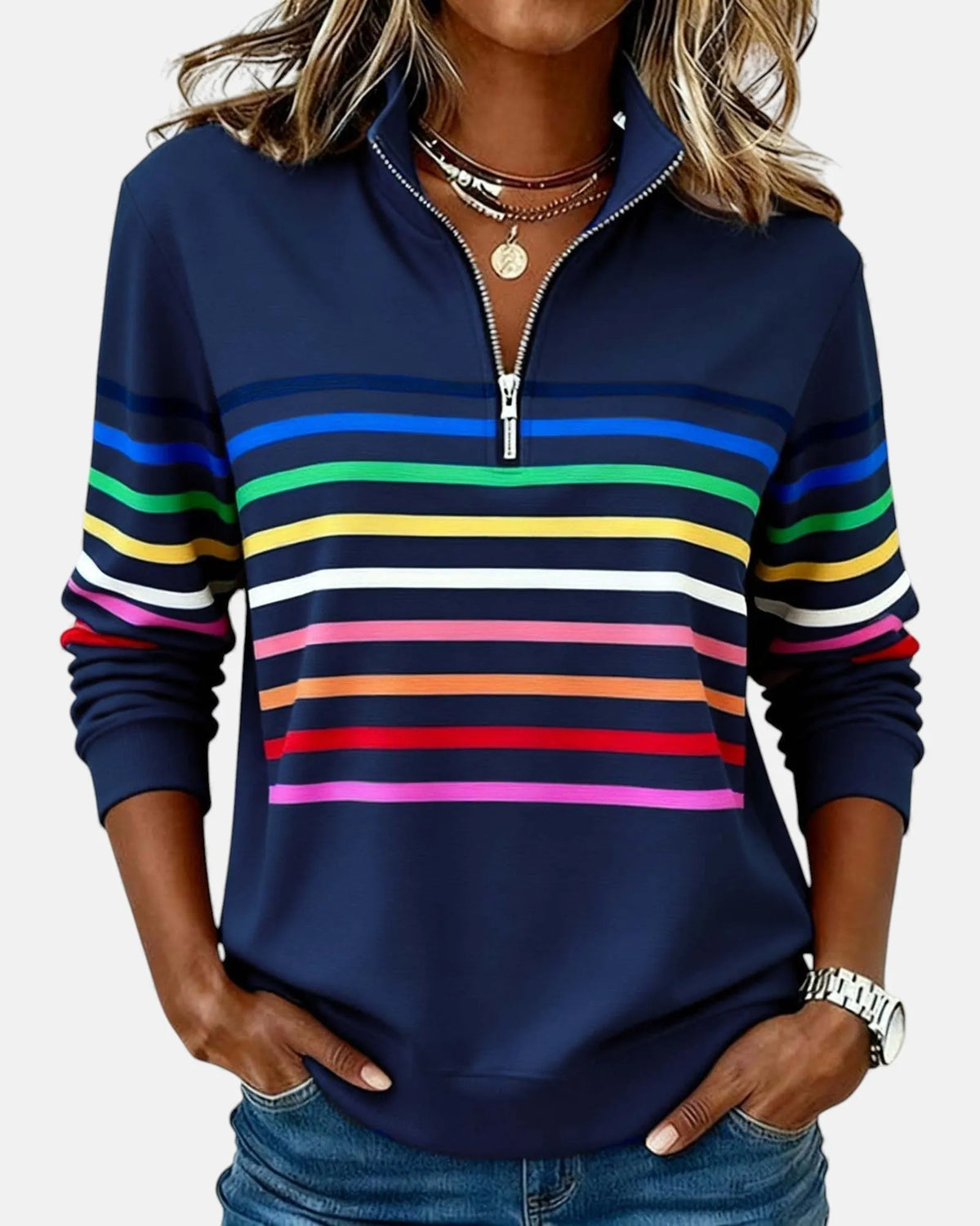Navy Blue Women's Striped Quarter Zip Sweatshirt with Zip-Up Collar & Relaxed Fit - Front Full Alt