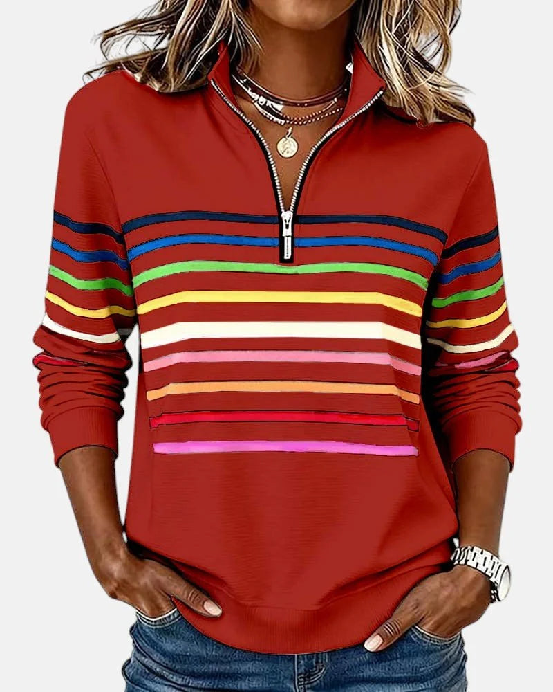 Red Women's Striped Quarter Zip Sweatshirt with Zip-Up Collar & Relaxed Fit