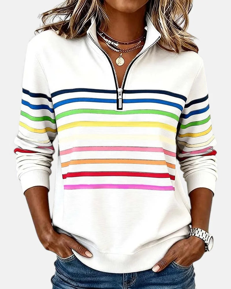 White Women's Striped Quarter Zip Sweatshirt with Zip-Up Collar & Relaxed Fit - Front Full Studio