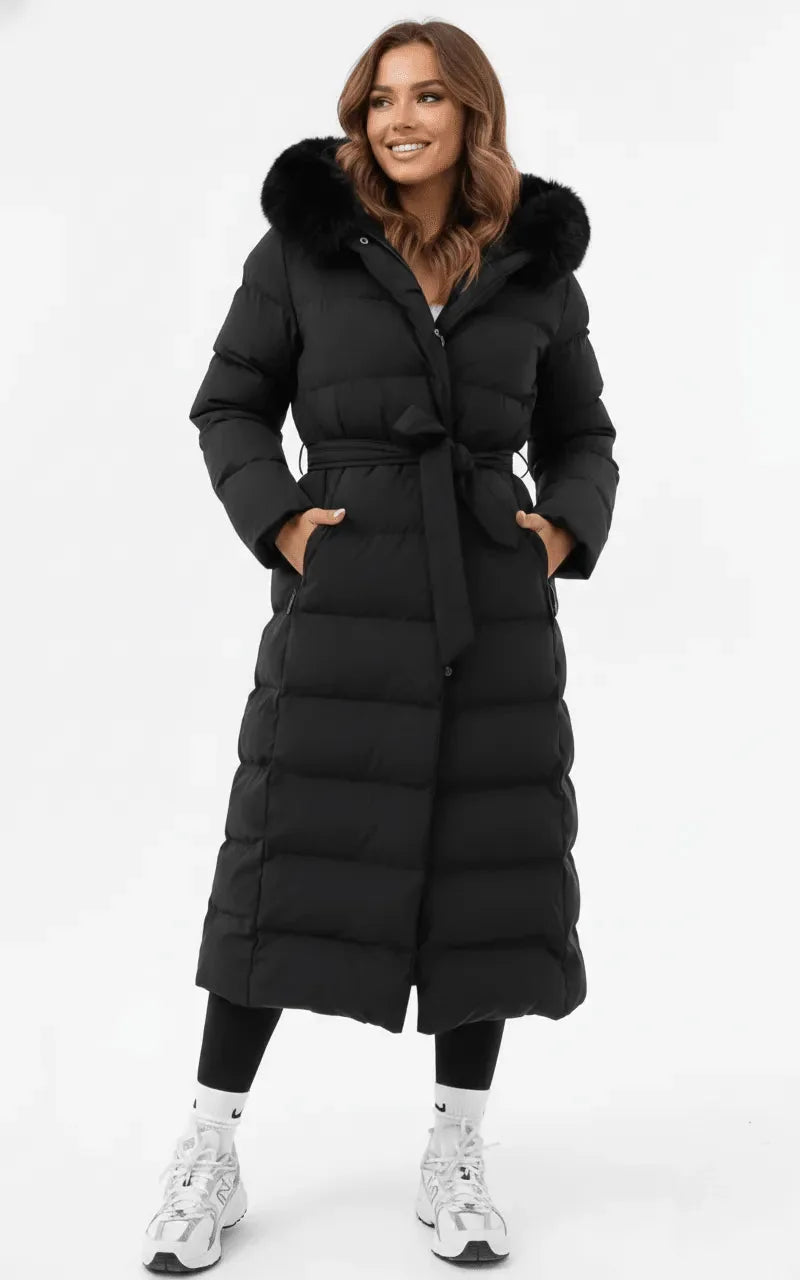 Black Women's Quilted Faux Fur Coat with Hooded Collar & Relaxed Fit