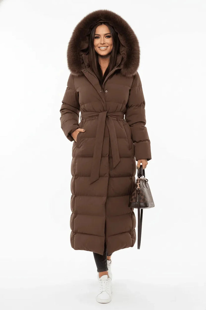 Brown Women's Quilted Faux Fur Coat with Hooded Collar & Relaxed Fit