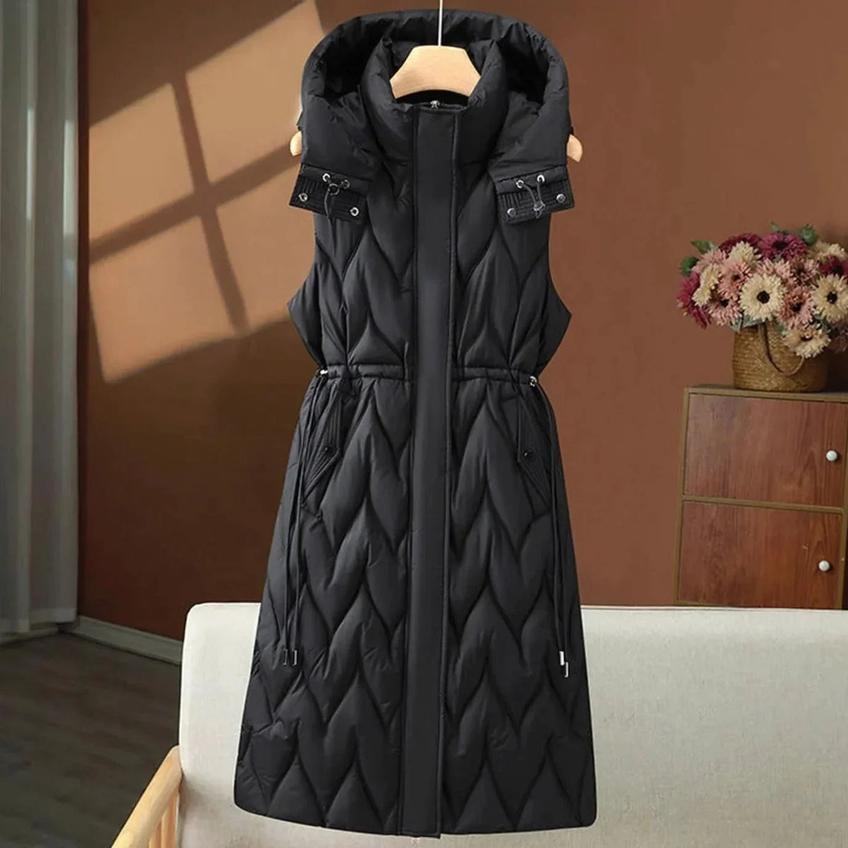 Black Women's Quilted Hooded Vest with Drawstring Waist & Maxi Length