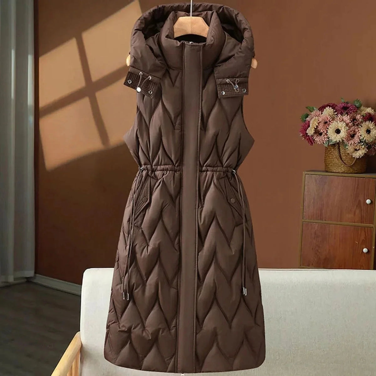 Brown Women's Quilted Hooded Vest with Drawstring Waist & Maxi Length
