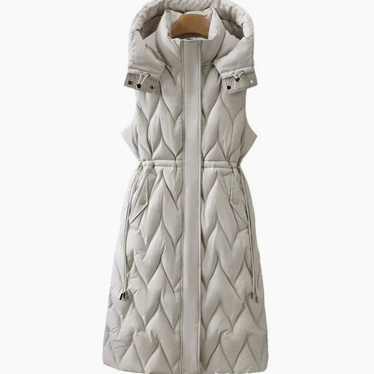 Women's Quilted Hooded Vest with Drawstring Waist & Maxi Length - Front Full Studio