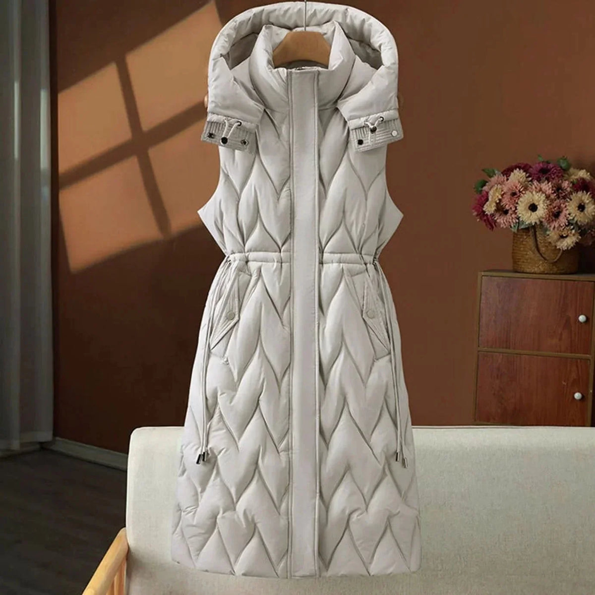 Off-White Women's Quilted Hooded Vest with Drawstring Waist & Maxi Length