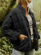Black Women's Oversized Quilted Jacket with Stand Collar & Zip Pockets