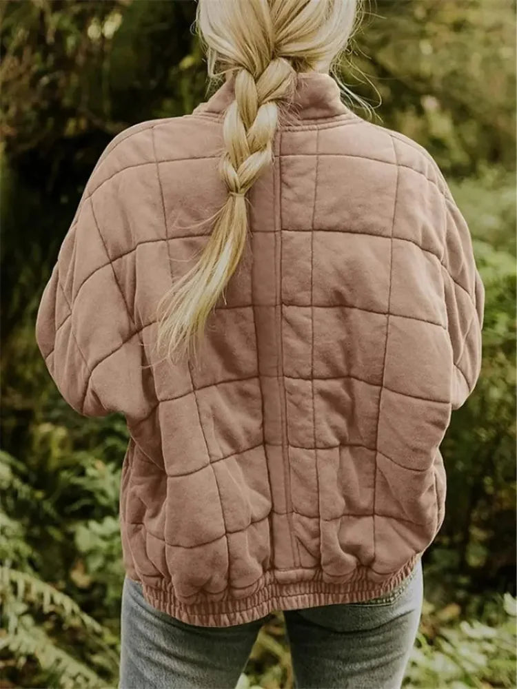 Women's Oversized Quilted Jacket with Stand Collar & Zip Pockets - Back Braid Pose