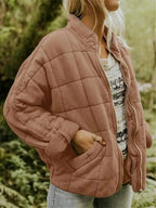 Brown Women's Oversized Quilted Jacket with Stand Collar & Zip Pockets