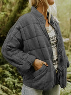 Dark Grey Women's Oversized Quilted Jacket with Stand Collar & Zip Pockets