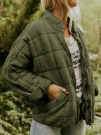 Green Women's Oversized Quilted Jacket with Stand Collar & Zip Pockets