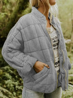 Grey Women's Oversized Quilted Jacket with Stand Collar & Zip Pockets