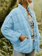 Light Blue Women's Oversized Quilted Jacket with Stand Collar & Zip Pockets