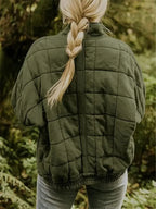 Women's Oversized Quilted Jacket with Stand Collar & Zip Pockets - Back Braid Pose