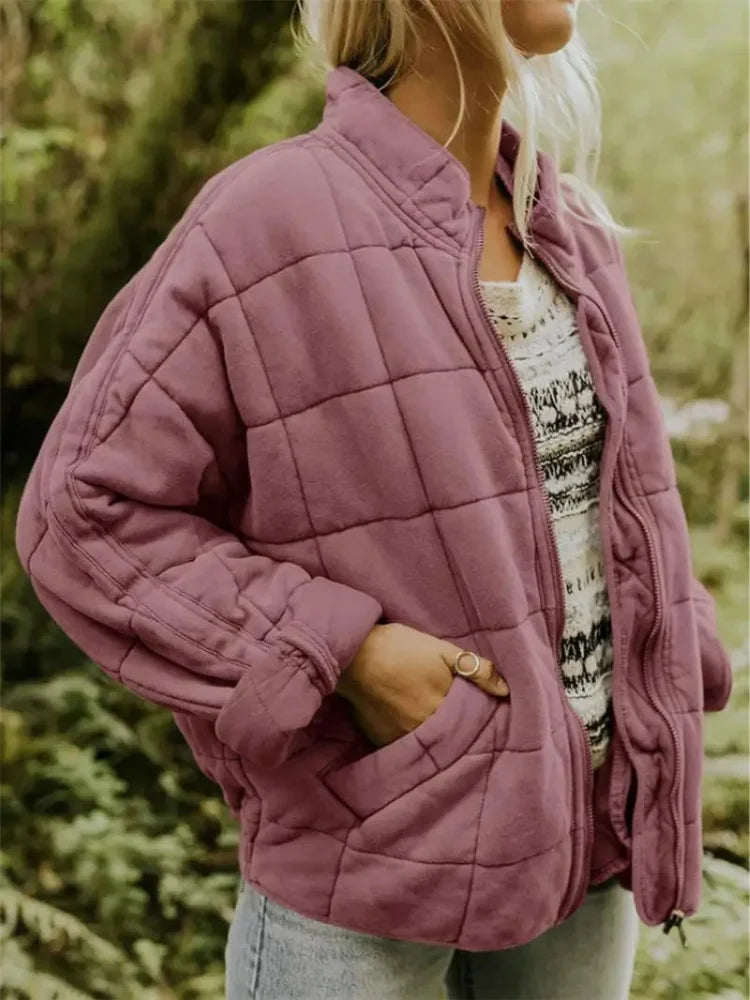 Pink Women's Oversized Quilted Jacket with Stand Collar & Zip Pockets