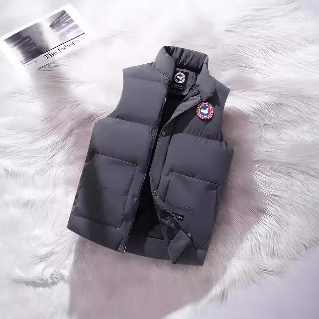 Gray Men's Padded Vest with Stand Collar & Cargo Pockets