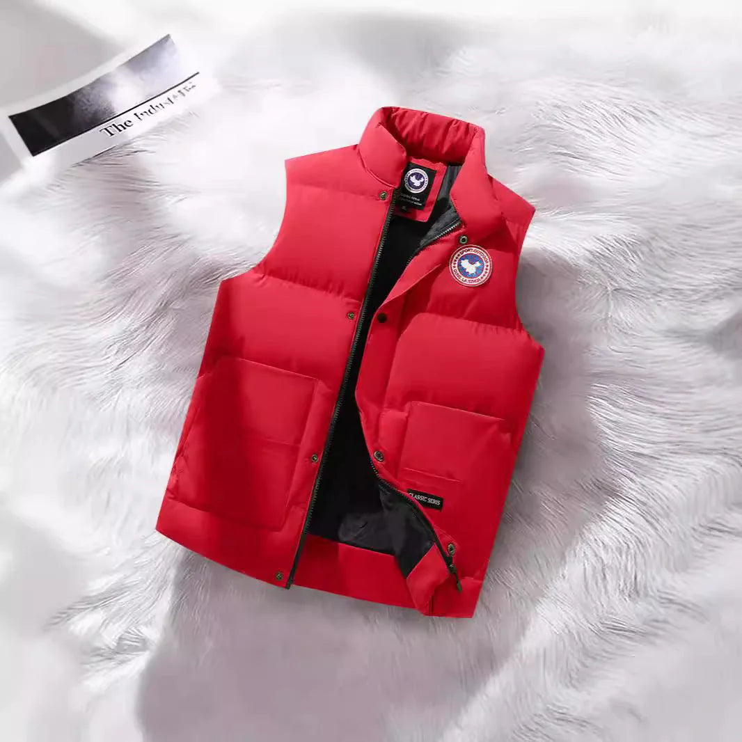 Red Men's Padded Vest with Stand Collar & Cargo Pockets